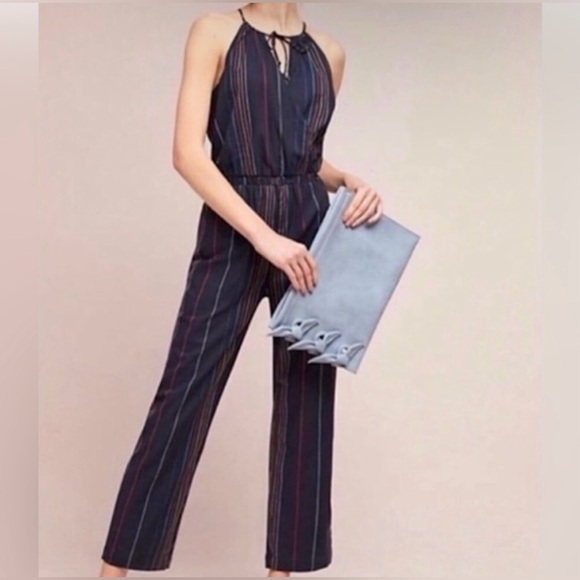 Anthropologie Dolan Navy/Rainbow Striped Halter Jumpsuit. Size S - Picture 2 of 10